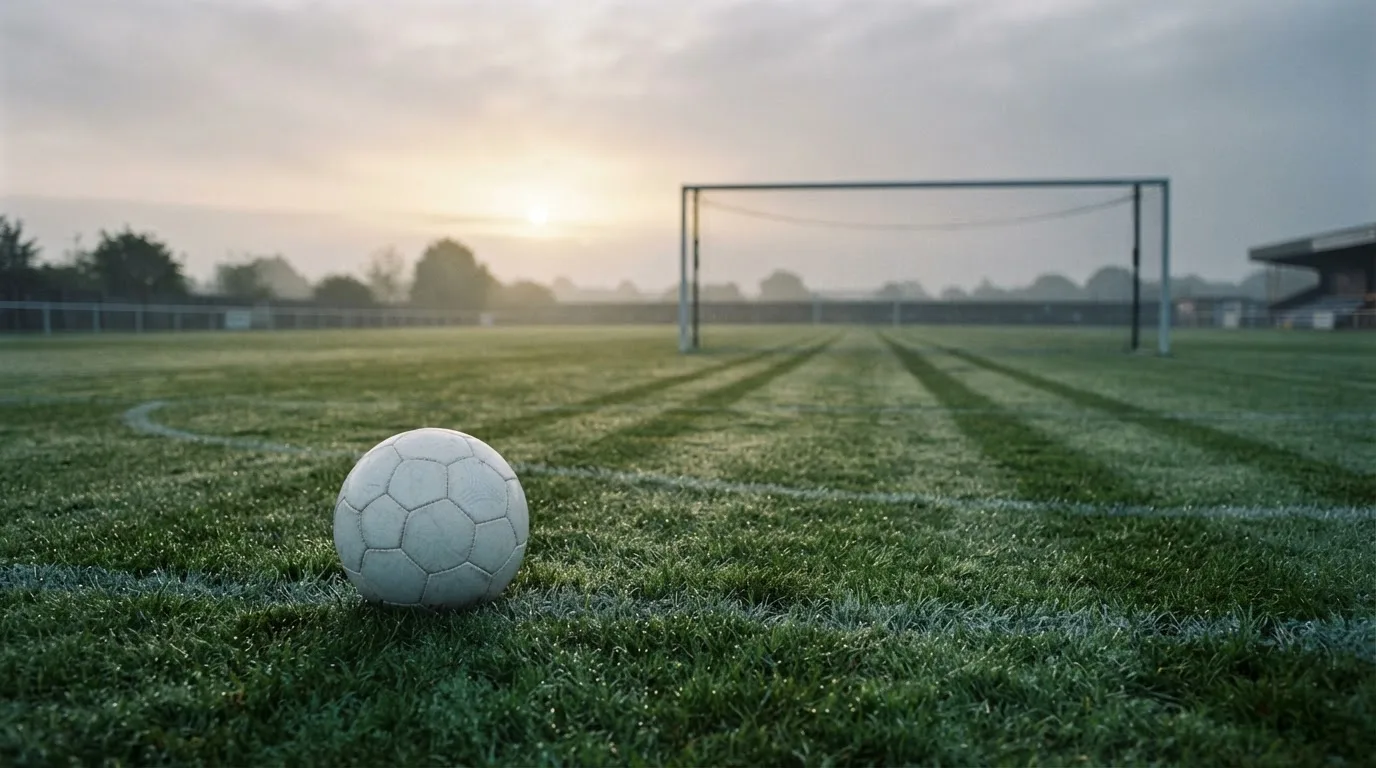 Ein Fußball auf dem Rasen vor einem leeren Tor im frühen Morgenlicht.