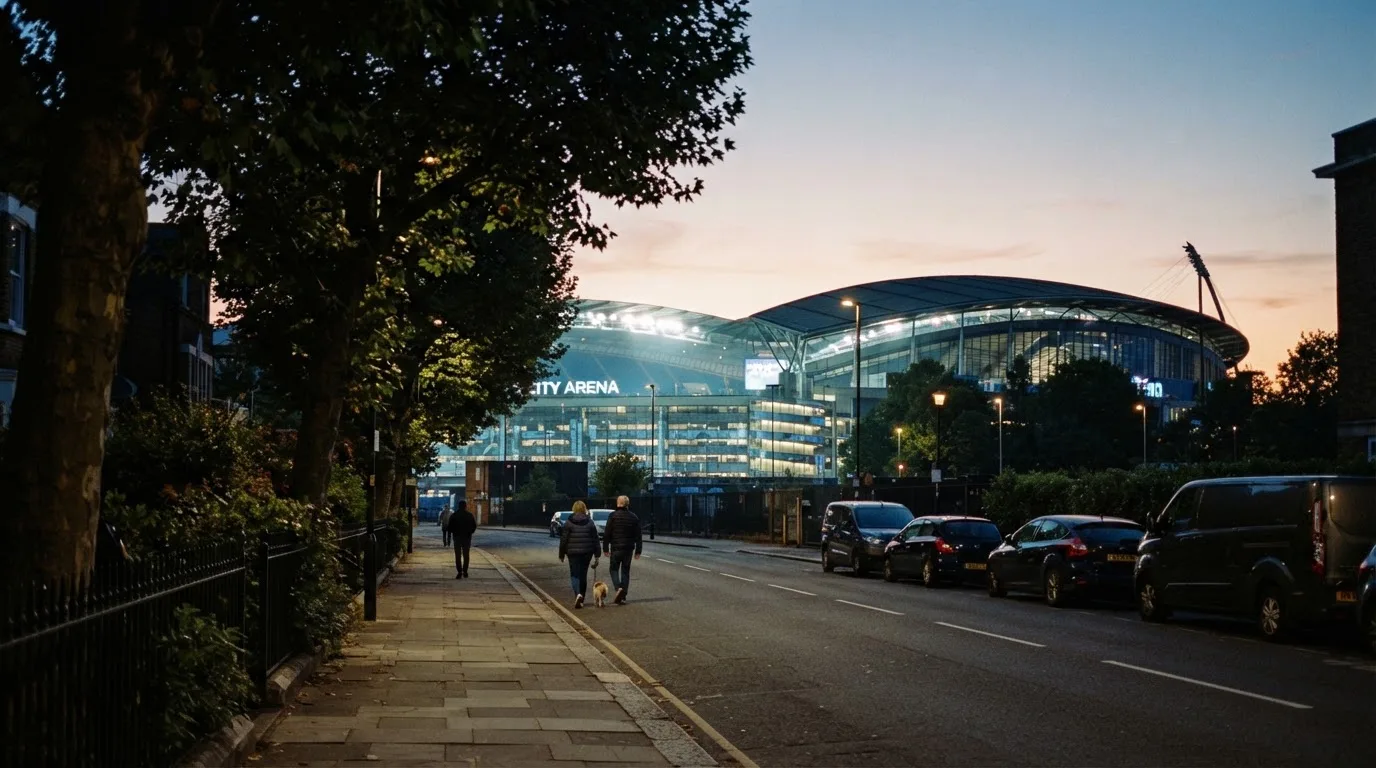 Ein Stadion aus der Ferne bei Flutlicht, davor eine ruhige Straße in der Abenddämmerung.