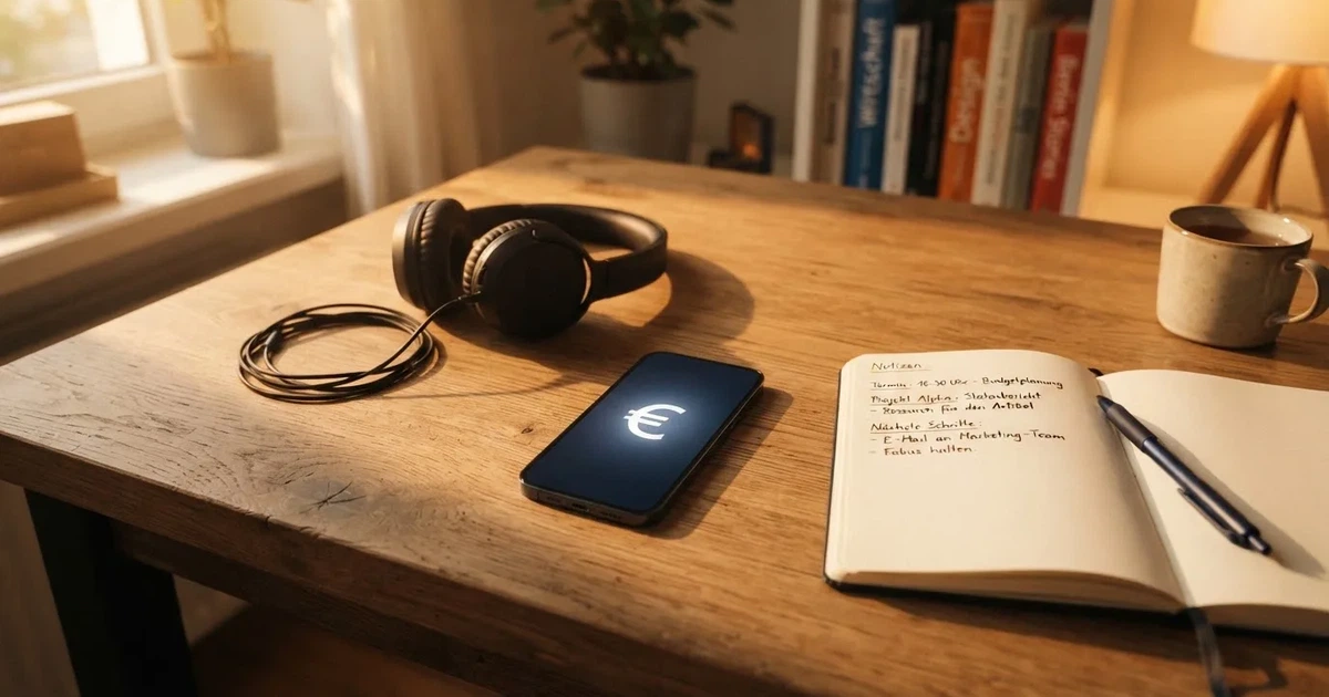 Ein Smartphone mit schwarzem Display liegt neben Kopfhörern auf einem Schreibtisch, daneben ein aufgeschlagenes Notizbuch.