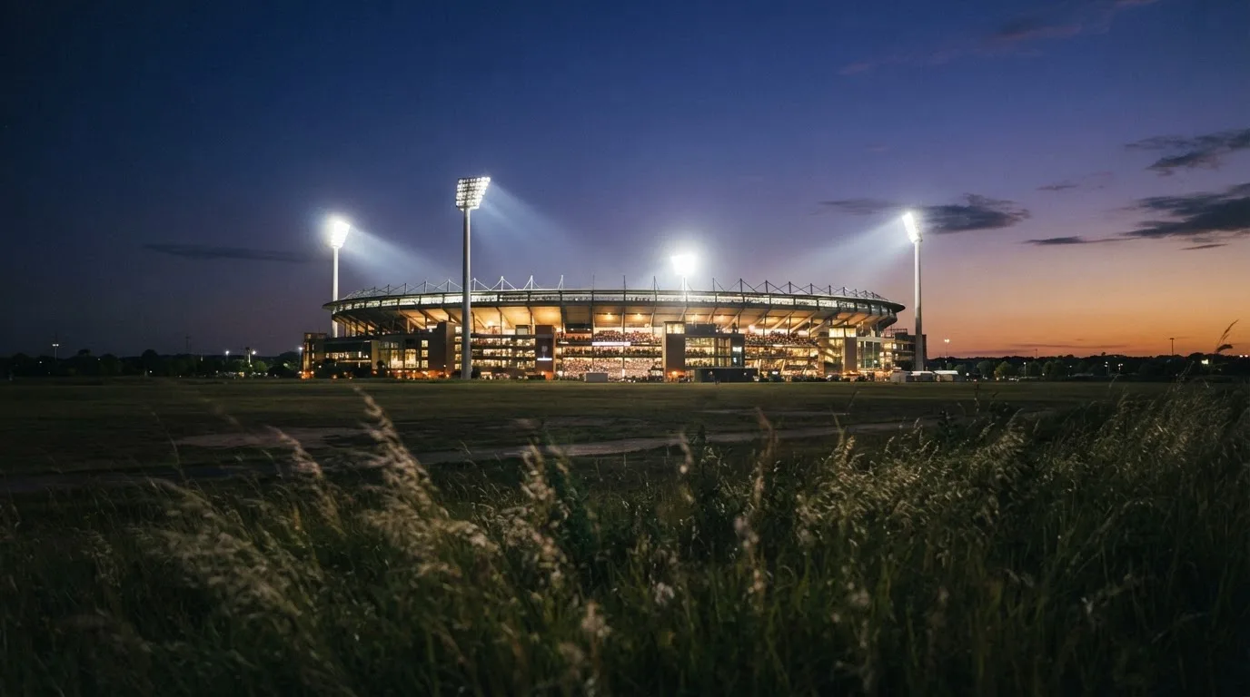 Ein hell beleuchtetes Stadion aus der Ferne in der Dämmerung, im Vordergrund ein Feld mit hohem Gras.