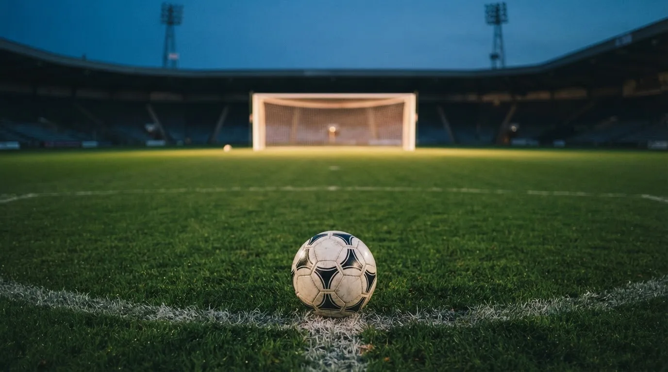 Ein Fußball liegt im Strafraum eines leeren Platzes, dahinter die Netze des Tores im Abendlicht.