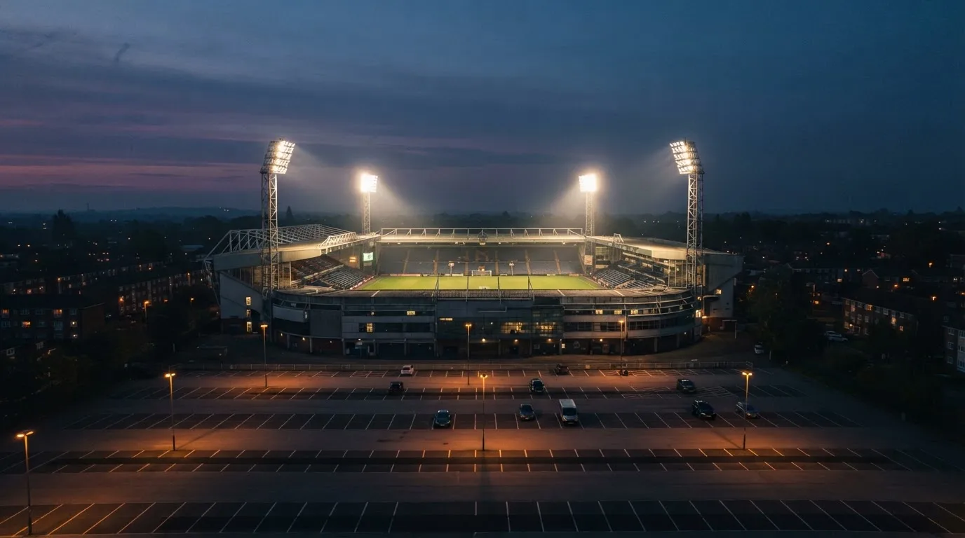 Ein Stadion unter Flutlicht aus großer Entfernung bei Einbruch der Dunkelheit, davor ein stiller Parkplatz.
