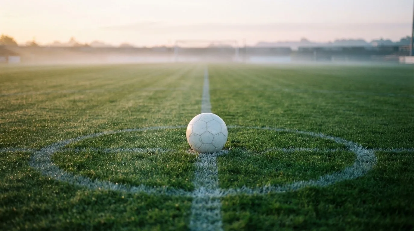 Ein Fußball auf dem Mittelkreis eines leeren Rasenplatzes im frühen Morgenlicht.