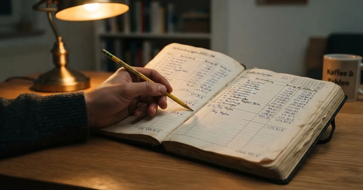 Ein Notizbuch mit handschriftlichen Zahlenreihen und Kästchen liegt neben einem Taschenrechner und einem Bleistift auf einem Schreibtisch.