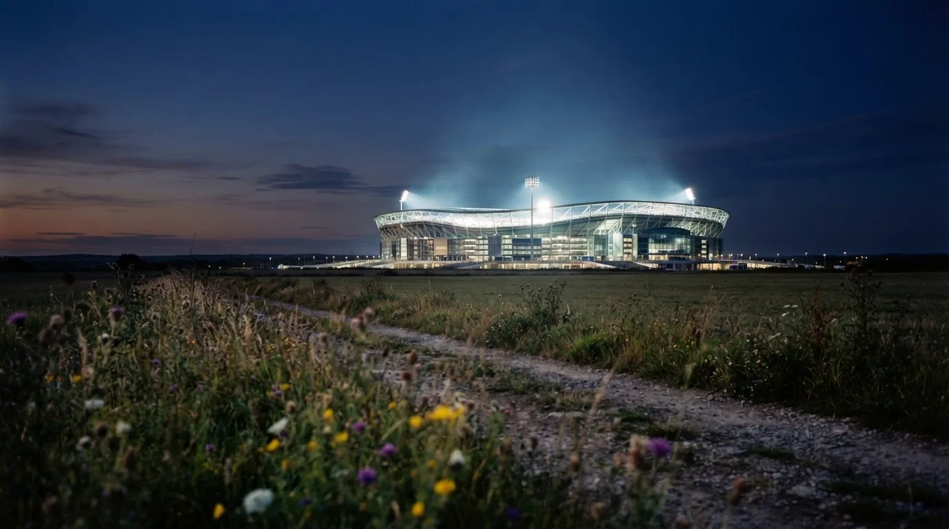 Ein beleuchtetes Stadion aus großer Distanz am Abend, im Vordergrund ein Feldweg.