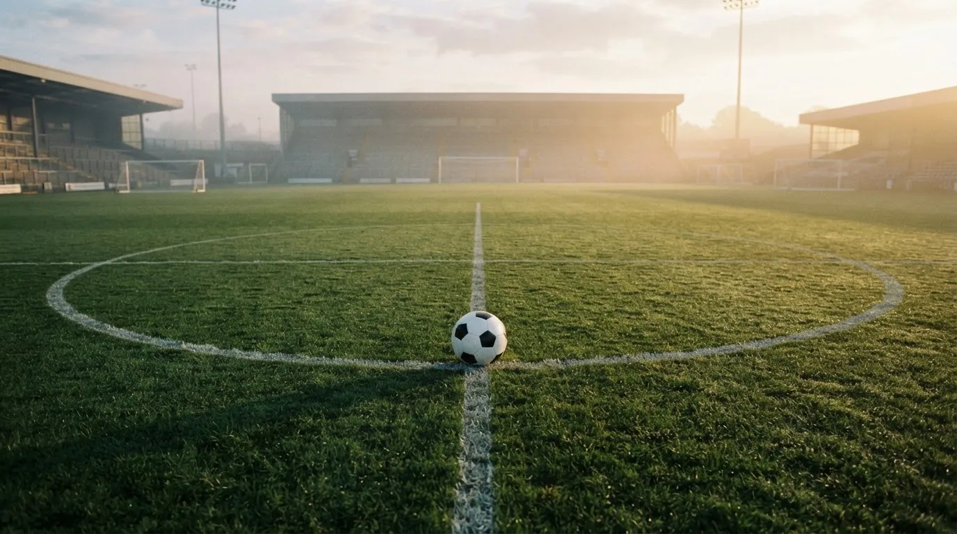 Ein Fußball liegt am Rand des Mittelkreises auf einem leeren Rasenplatz bei Sonnenaufgang.