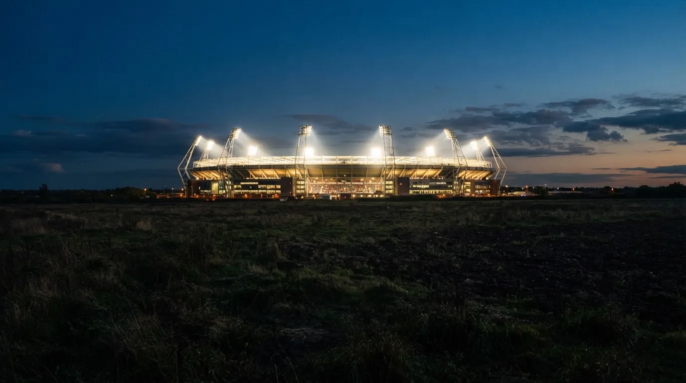 Ein Stadion unter Flutlicht aus großer Entfernung, davor ein dunkler Acker im Abendlicht.