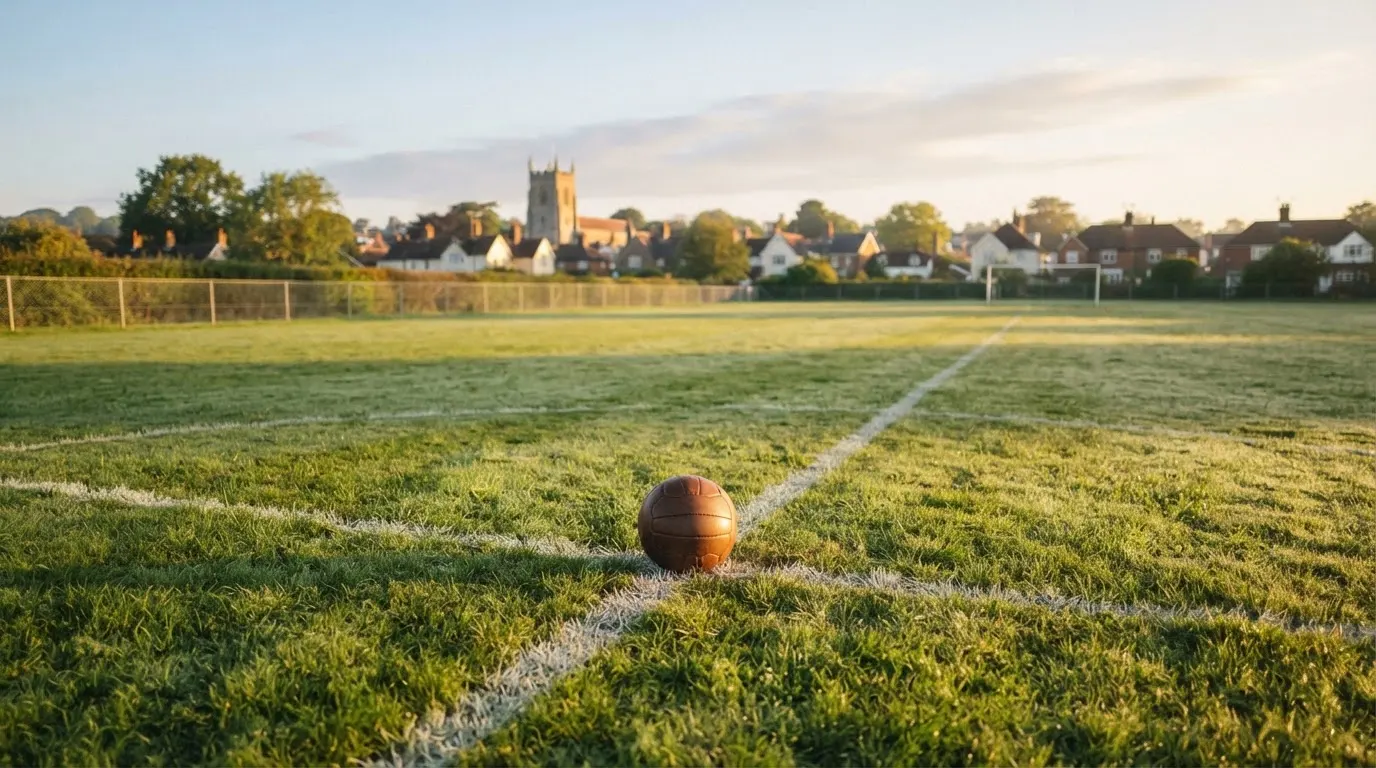 Ein Fußball auf dem Rasen eines leeren Sportplatzes am Rand einer Kleinstadt im Morgenlicht.