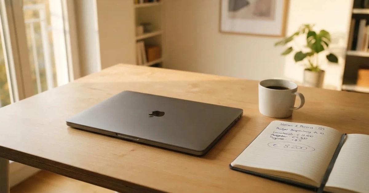 Ein Laptop mit geschlossenem Deckel steht neben einer Kaffeetasse und einem Notizbuch auf einem hellen Schreibtisch.