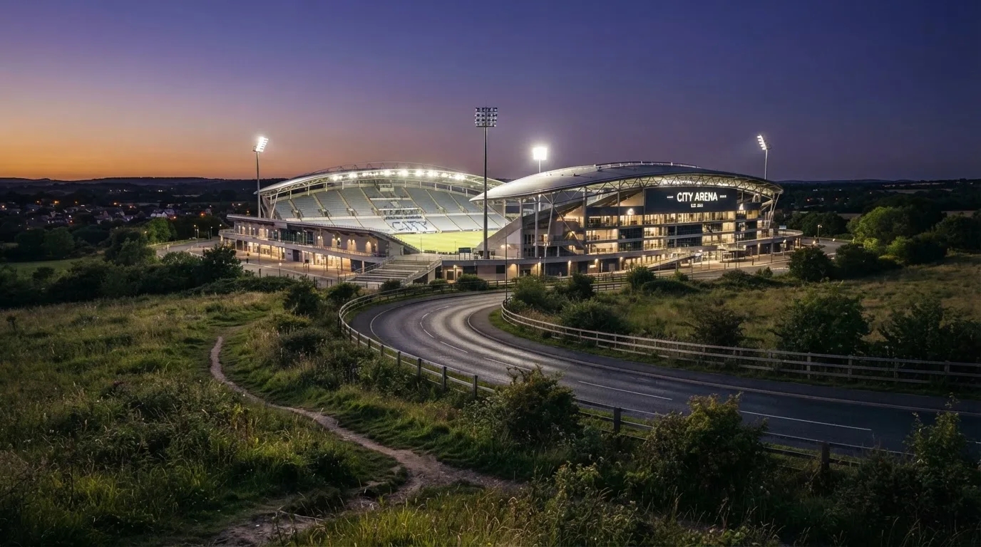 Ein Stadion unter Flutlicht, von einer Anhöhe aus gesehen, davor ein stiller Weg in der Dämmerung.