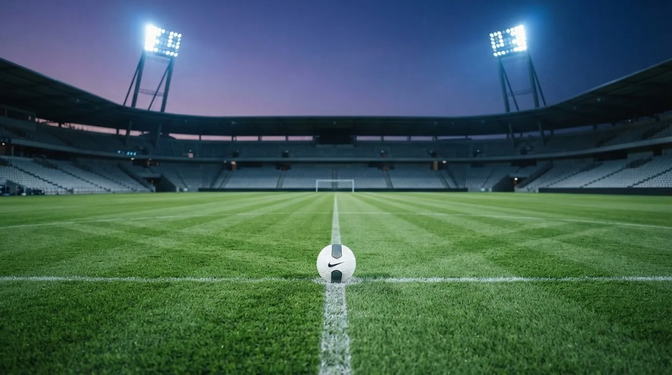 Ein Fußball liegt auf dem Anstoßpunkt eines leeren Rasenplatzes, im Hintergrund ein Stadion unter Flutlicht in der Abenddämmerung.