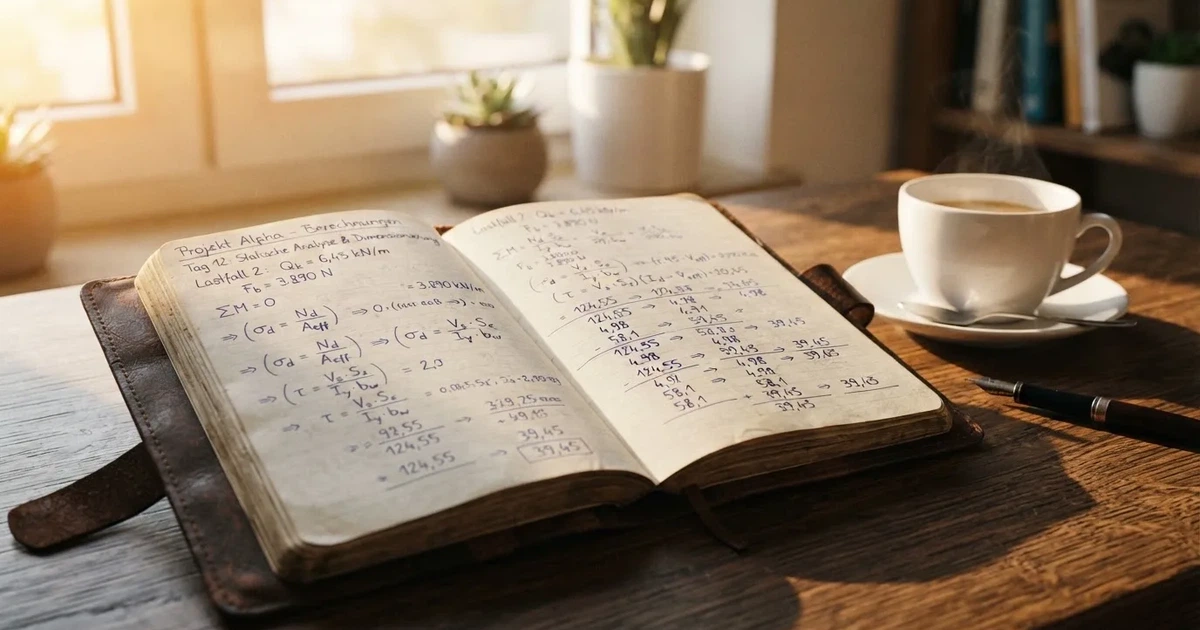 Ein Notizbuch mit handschriftlichen Rechnungen und ein Taschenrechner liegen auf einem Schreibtisch neben einer Tasse Kaffee im Licht des frühen Morgens.