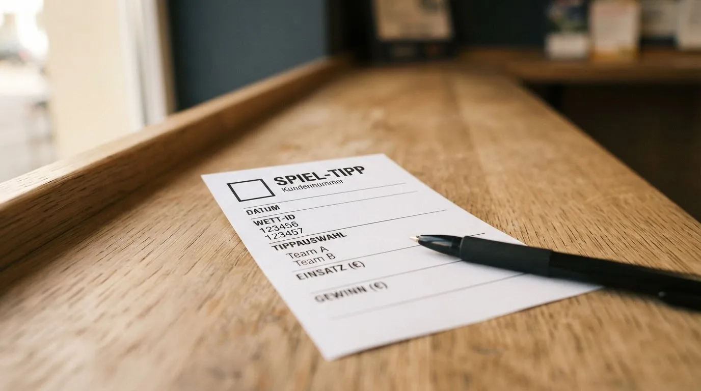 Ein leerer Wettschein aus Papier liegt neben einem Stift auf einer hölzernen Theke, weiches Licht fällt von der Seite ein.