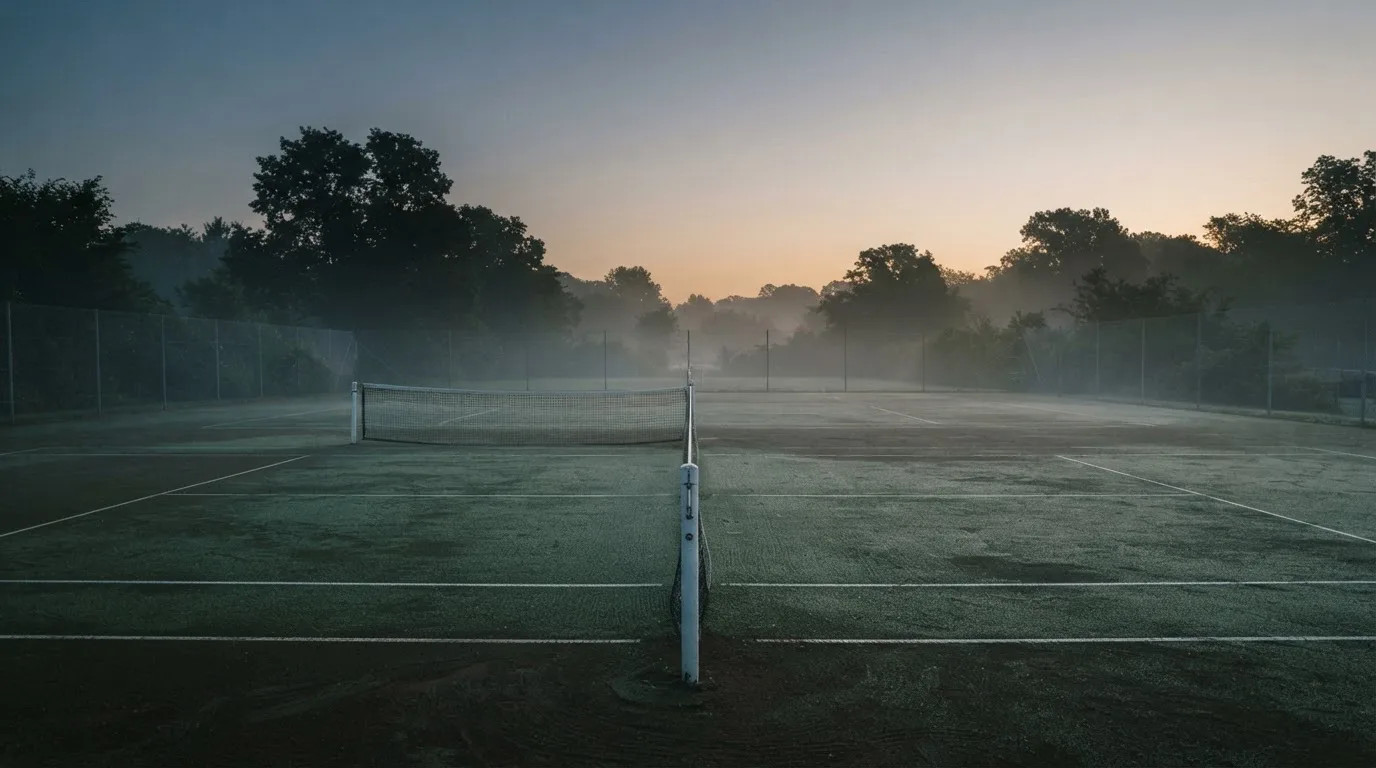 Ein Tennisplatz im Morgengrauen, das Netz und die Linien liegen im Tau, im Hintergrund leichter Nebel und kein Mensch zu sehen.