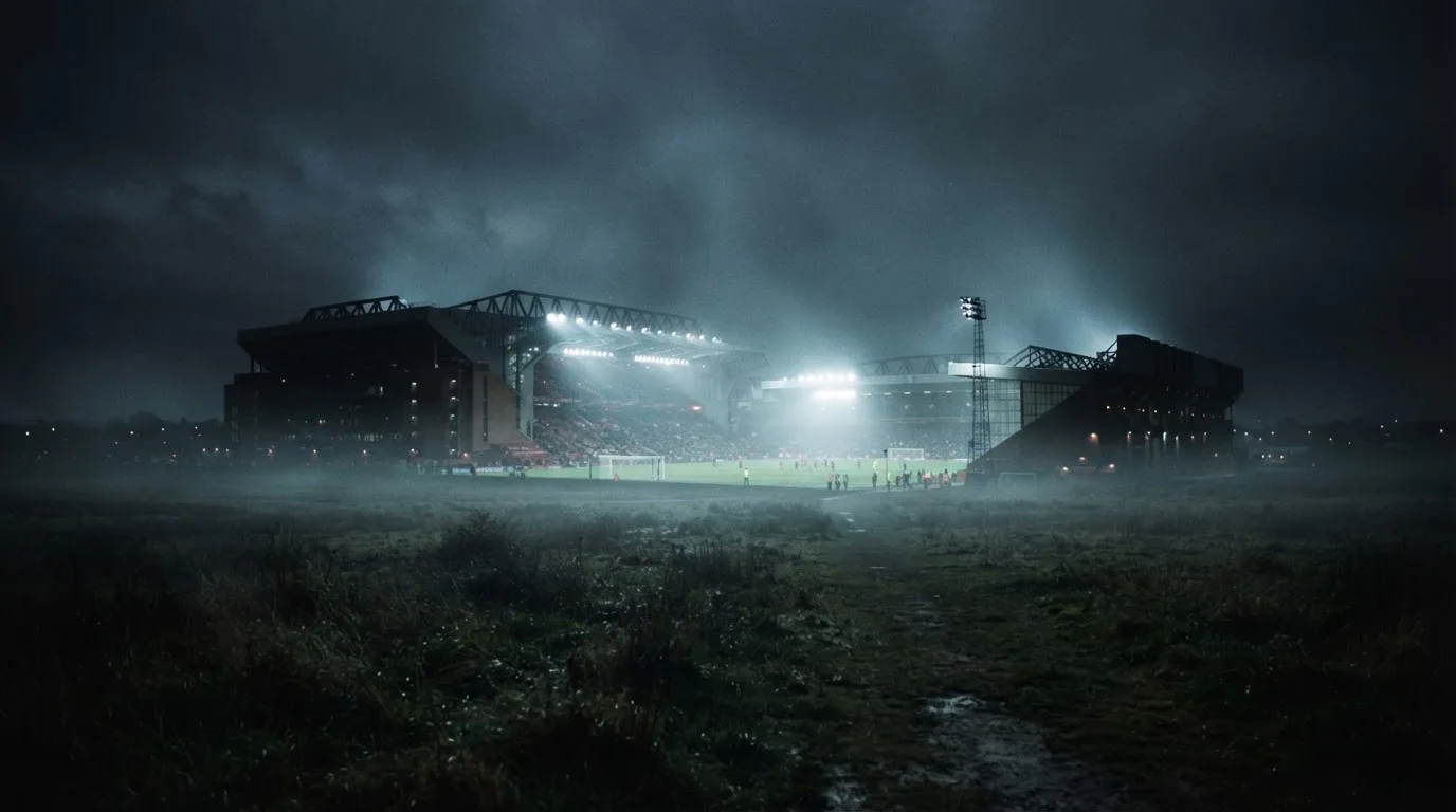 Ein Stadion unter Flutlicht, aus großer Entfernung über eine dunkle Wiese fotografiert, am Himmel zieht Nebel auf.