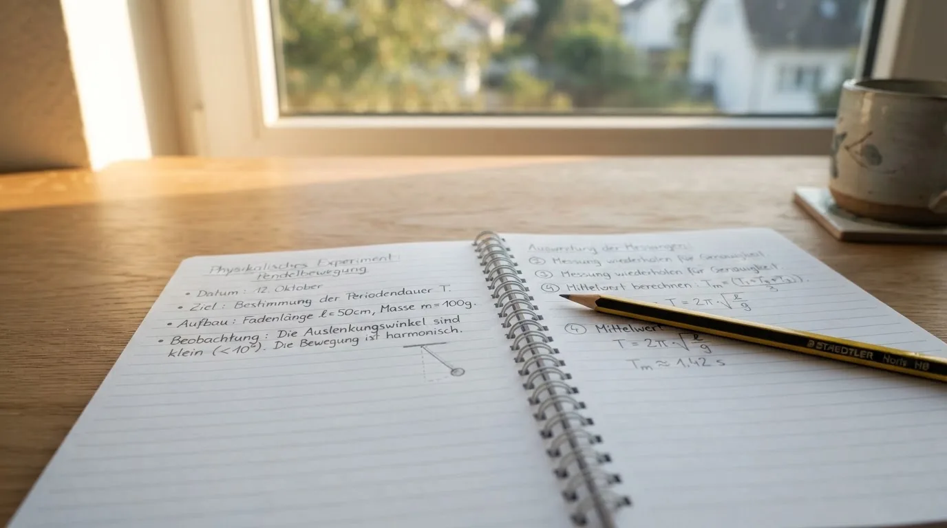 Ein Notizbuch mit handschriftlichen Notizen und ein Bleistift liegen auf einem Schreibtisch am Fenster, draußen fällt Morgenlicht herein.