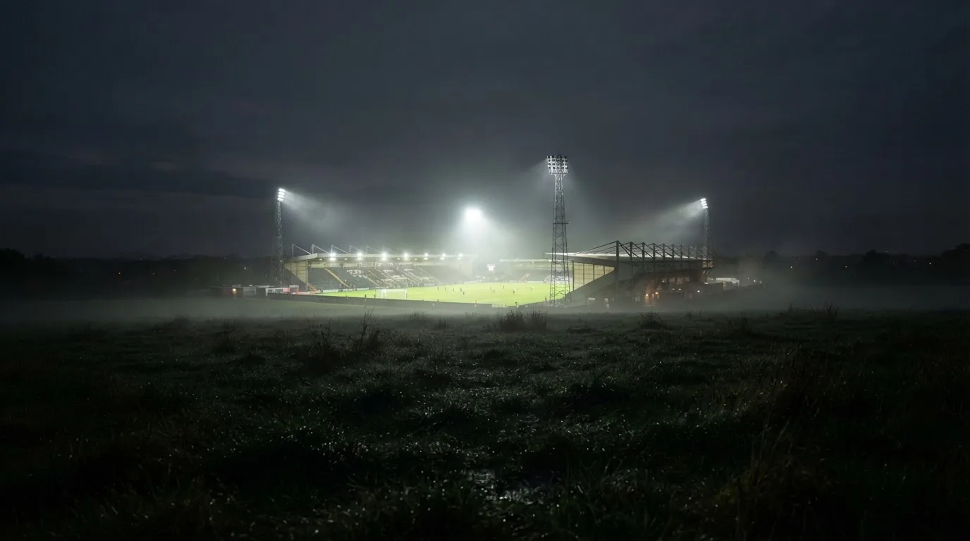 Ein Stadion unter Flutlicht, aus großer Entfernung über eine dunkle Wiese fotografiert, am Himmel zieht Nebel auf.