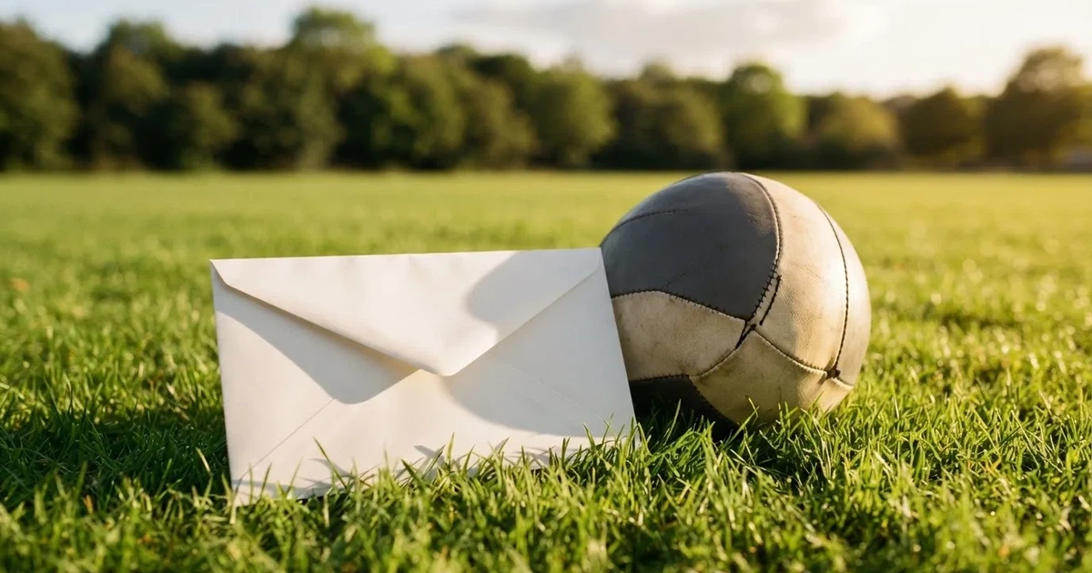 Ein verschlossener leerer Briefumschlag liegt neben einem Fußball auf grünem Rasen im warmen Licht des Nachmittags.