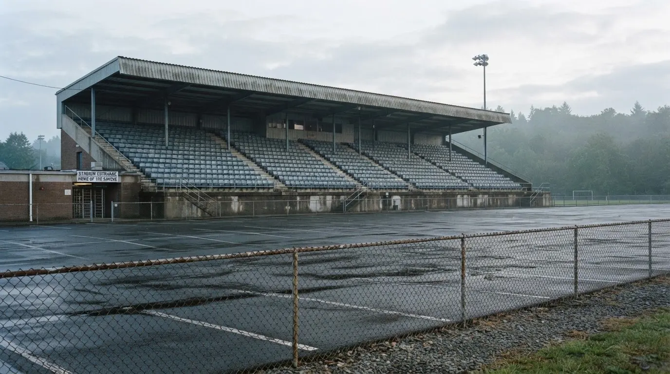 Eine leere Tribüne eines kleinen Stadions am frühen Morgen, aus der Ferne über einen menschenleeren Parkplatz fotografiert.
