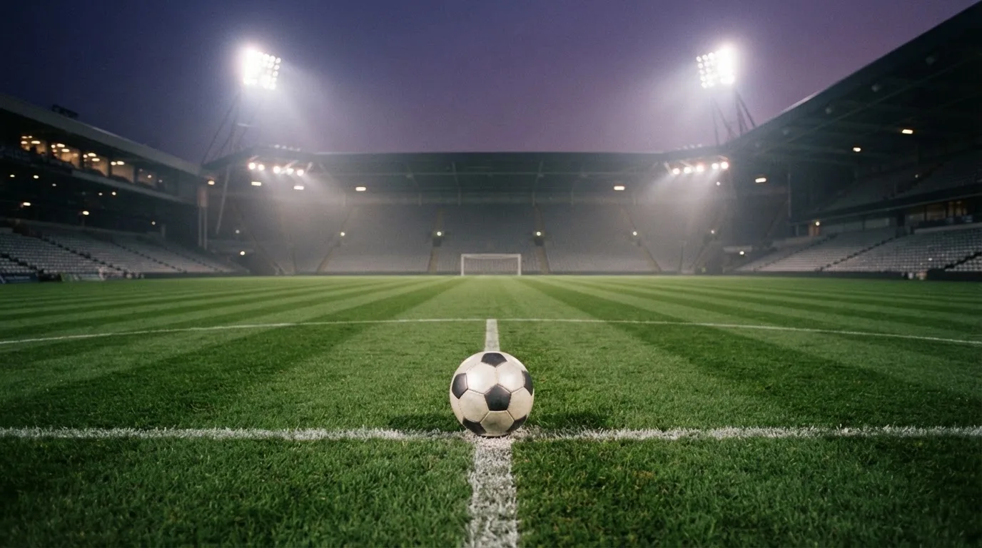 Ein Fußball liegt auf dem Rasen eines leeren Platzes, im Hintergrund ein Stadion unter Flutlicht in der Abenddämmerung.