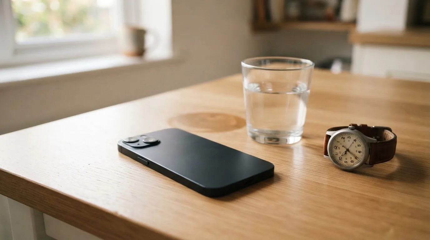 Ein Smartphone liegt mit dem Display nach unten auf einem Küchentisch, daneben stehen ein Glas Wasser und eine Armbanduhr.