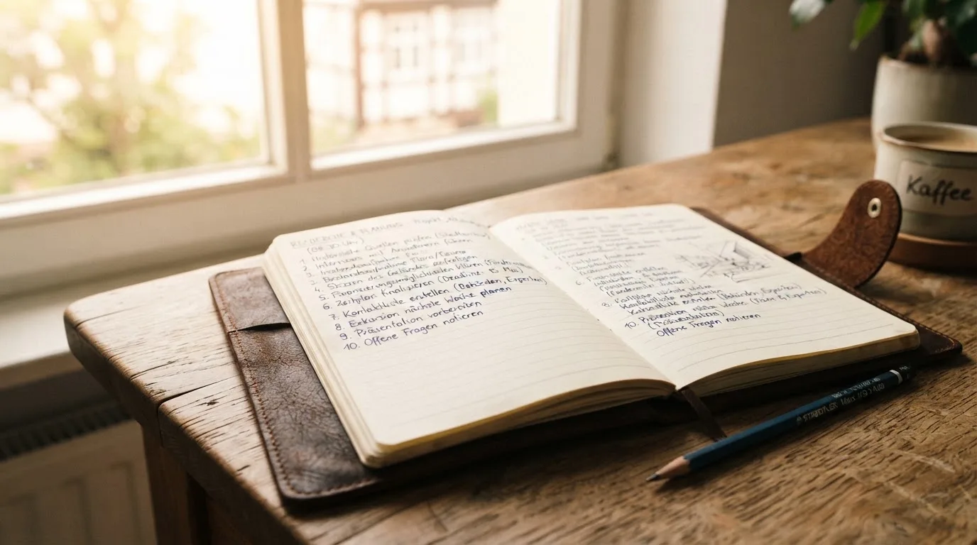 Ein Notizbuch mit handschriftlichen Notizen und ein Bleistift liegen auf einem Schreibtisch am Fenster, draußen fällt Morgenlicht herein.