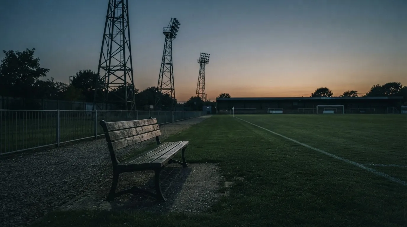 Eine leere Parkbank am Rand eines Fußballfelds in der Abenddämmerung, im Hintergrund ragen dunkle Flutlichtmasten in den Himmel.
