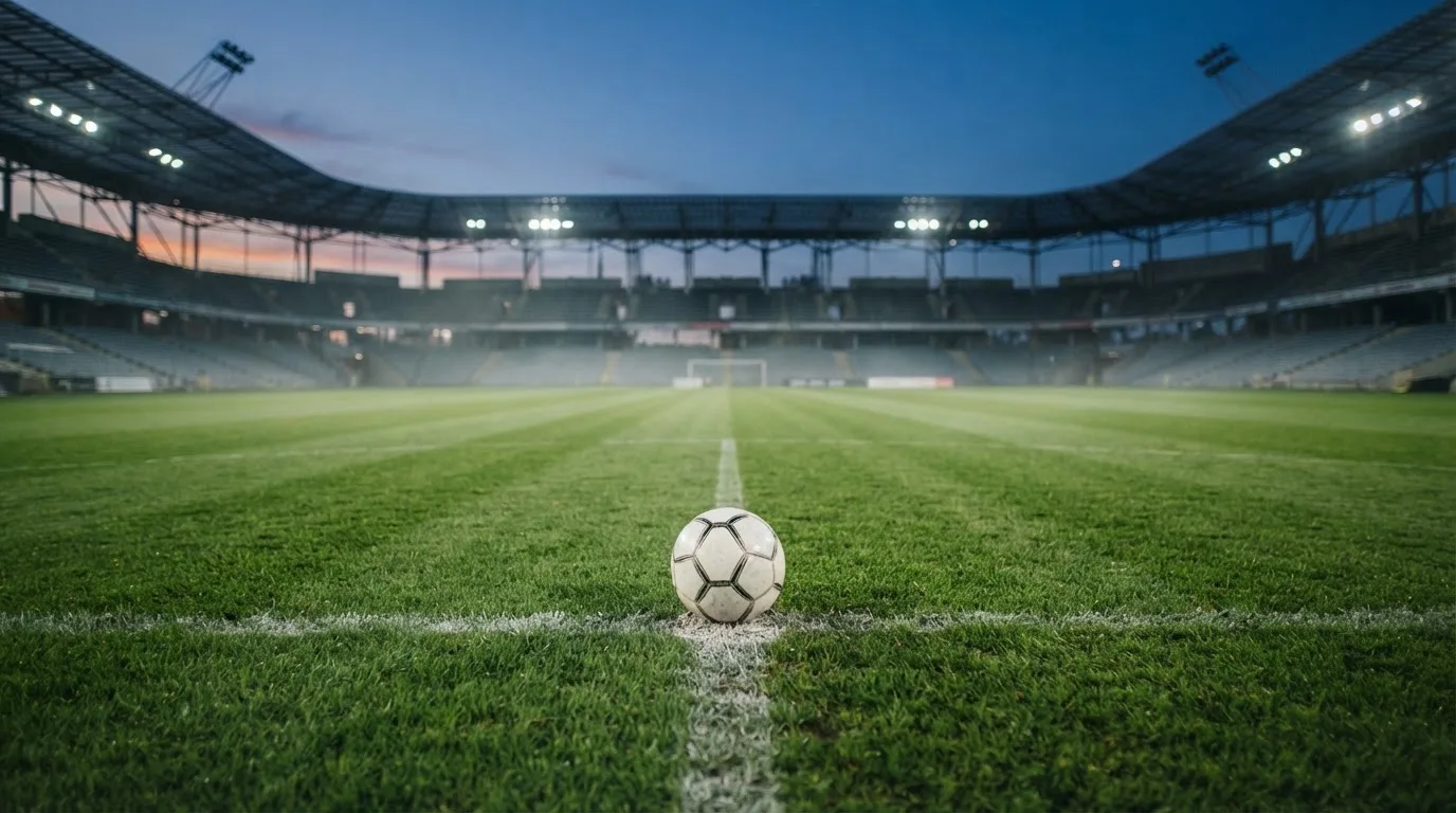 Ein Fußball liegt auf dem Anstoßpunkt eines leeren Rasenplatzes, im Hintergrund steht ein Stadion unter Flutlicht in der Dämmerung.