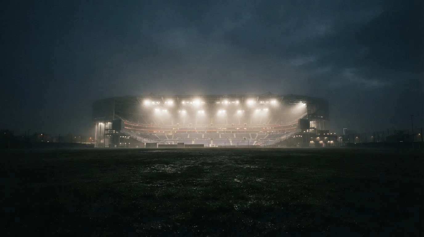 Ein Stadion unter Flutlicht, aus großer Entfernung über eine dunkle Wiese fotografiert, am Himmel zieht Nebel auf.