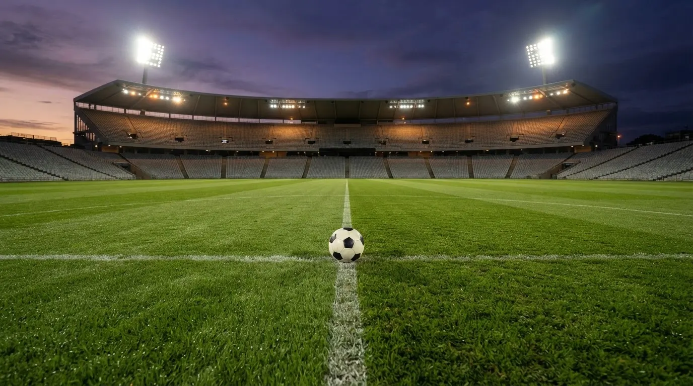 Ein Fußball liegt auf dem Rasen eines leeren Platzes, im Hintergrund ein Stadion unter Flutlicht in der Abenddämmerung.