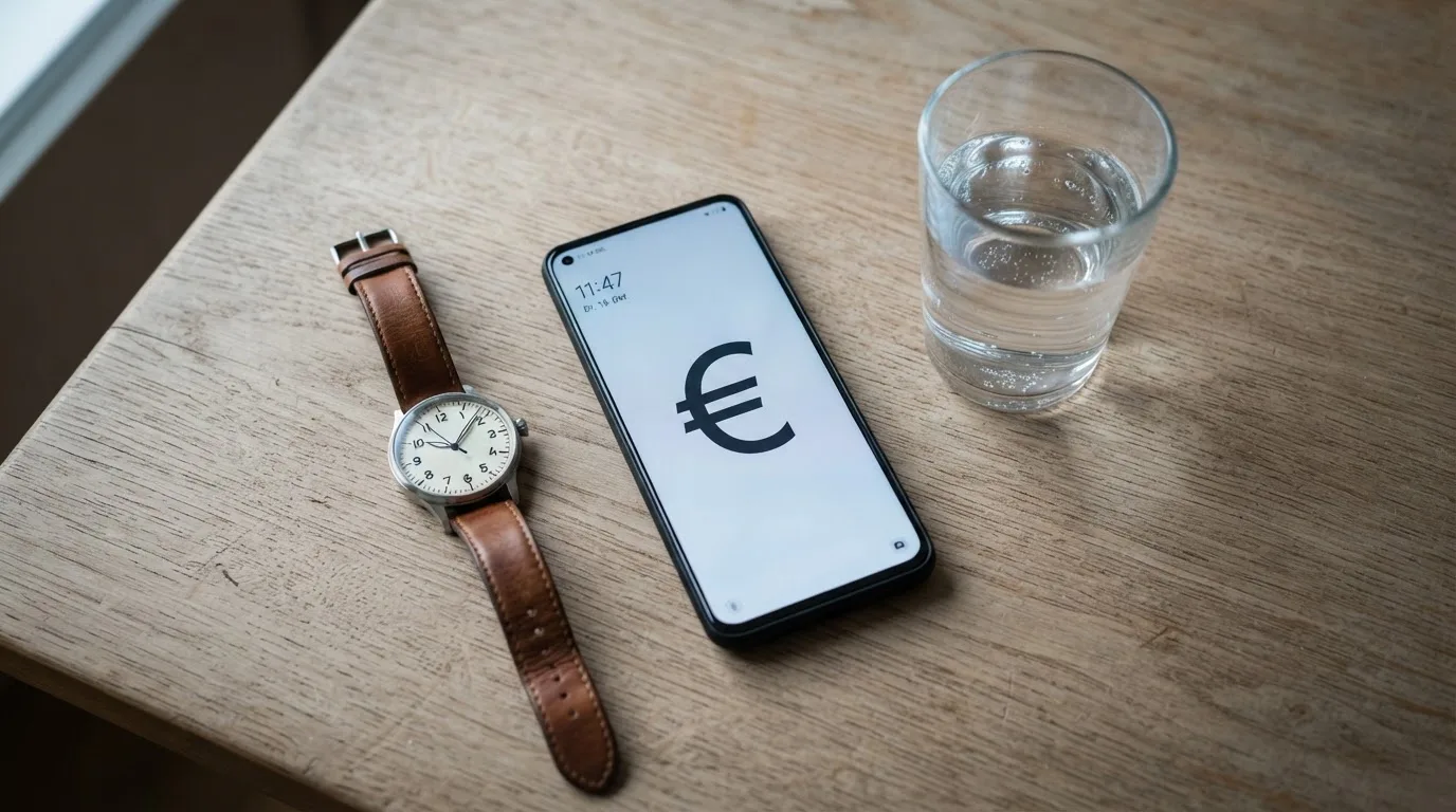 Ein Smartphone liegt mit dem Display nach unten auf einem Küchentisch, daneben stehen ein Glas Wasser und eine Armbanduhr.