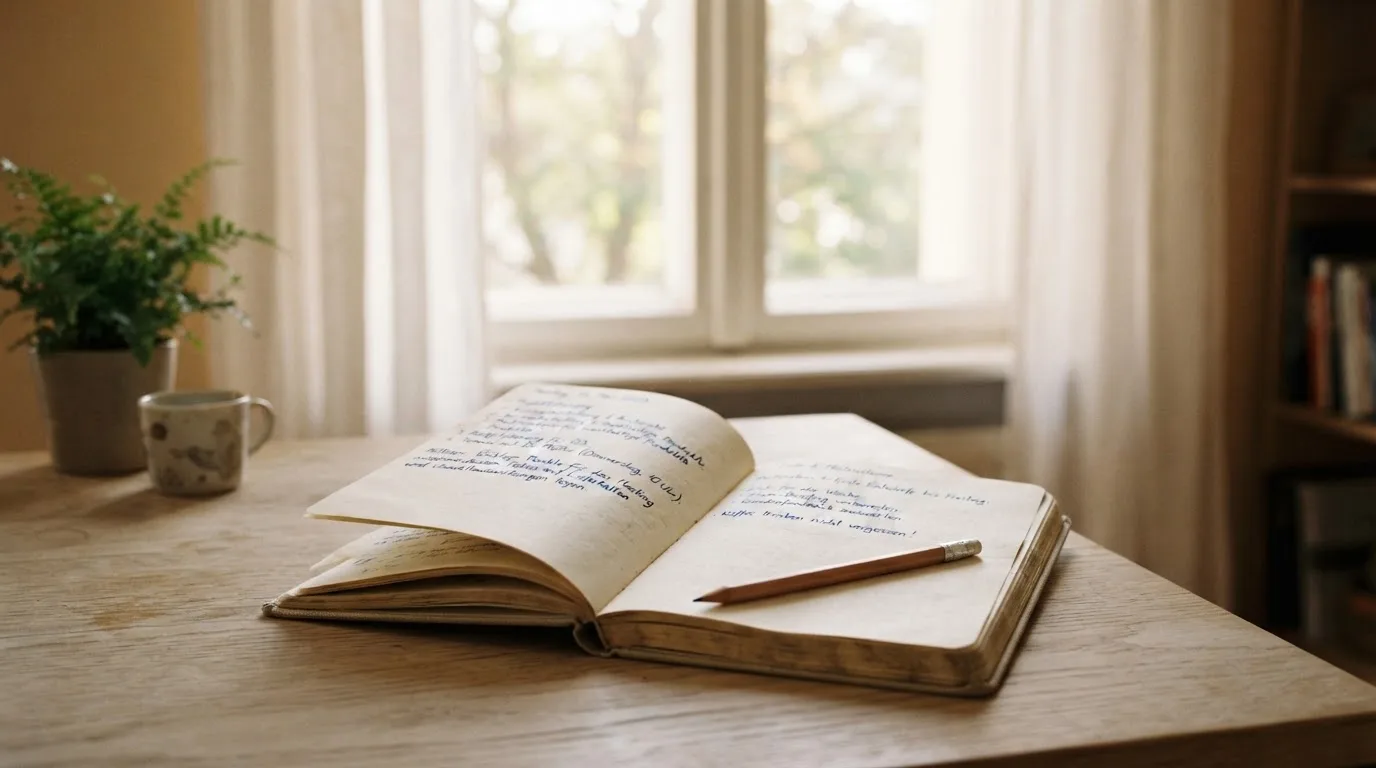 Ein Notizbuch mit handschriftlichen Notizen und ein Bleistift liegen auf einem Schreibtisch am Fenster, draußen fällt Morgenlicht herein.