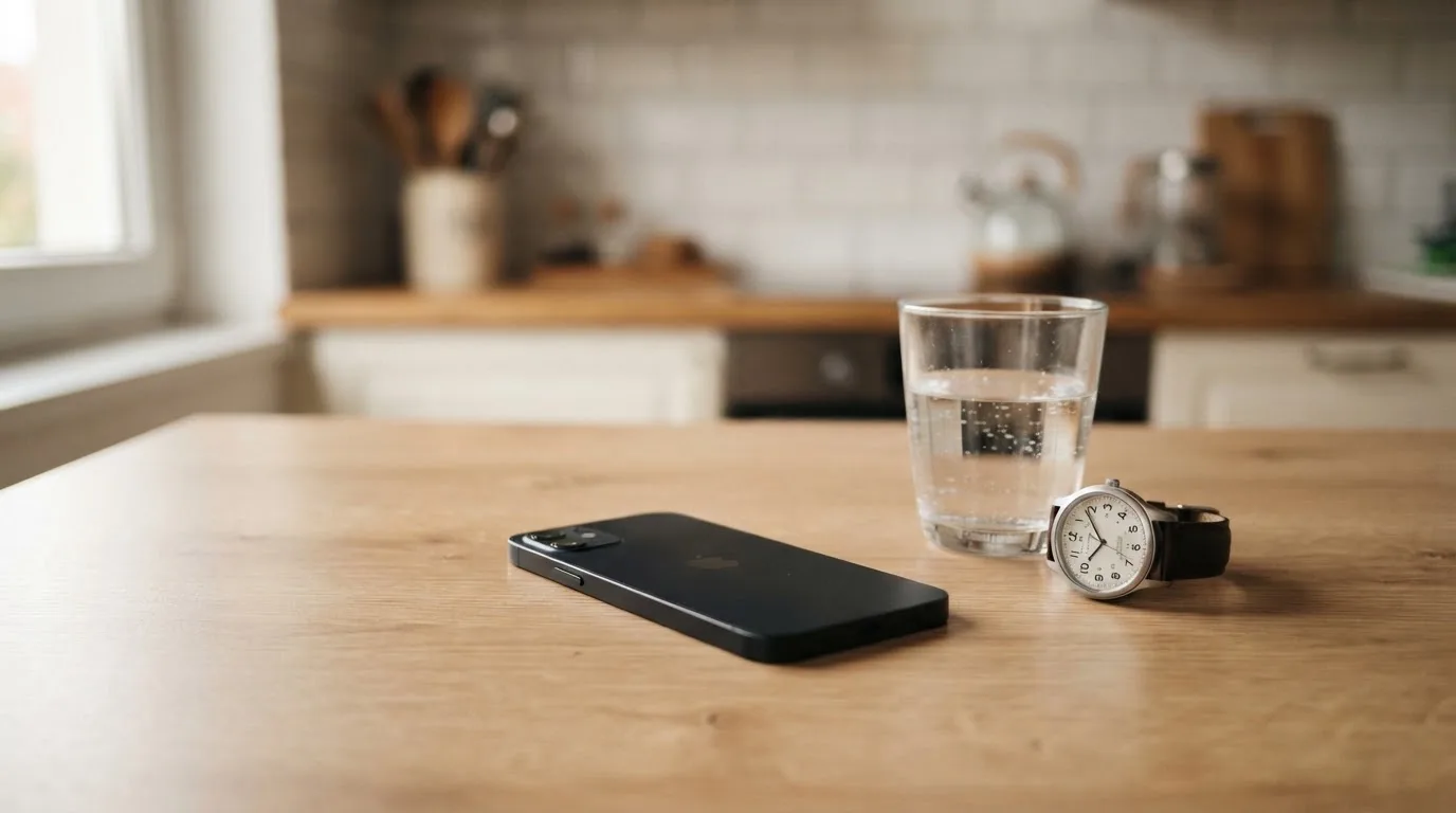 Ein Smartphone liegt mit dem Display nach unten auf einem Küchentisch, daneben stehen ein Glas Wasser und eine Armbanduhr.
