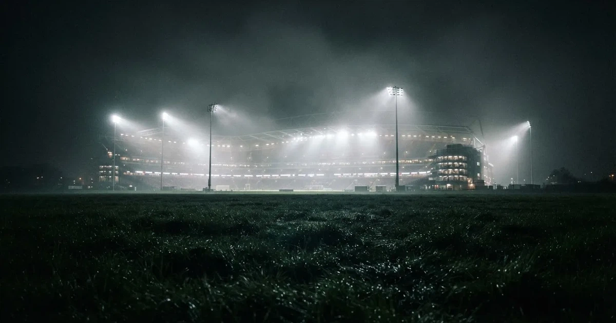 Ein Stadion unter Flutlicht, aus großer Entfernung über eine dunkle Wiese fotografiert, am Himmel zieht Nebel auf.