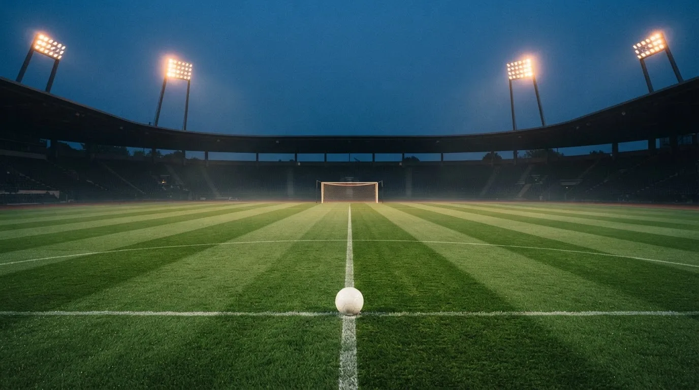 Ein Fußball liegt auf dem Anstoßpunkt eines leeren Rasenplatzes, im Hintergrund steht ein Stadion unter Flutlicht in der Dämmerung.