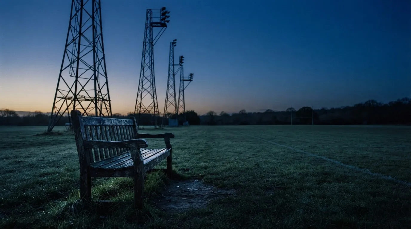 Eine leere Parkbank am Rand eines Fußballfelds in der Abenddämmerung, im Hintergrund ragen dunkle Flutlichtmasten in den Himmel.