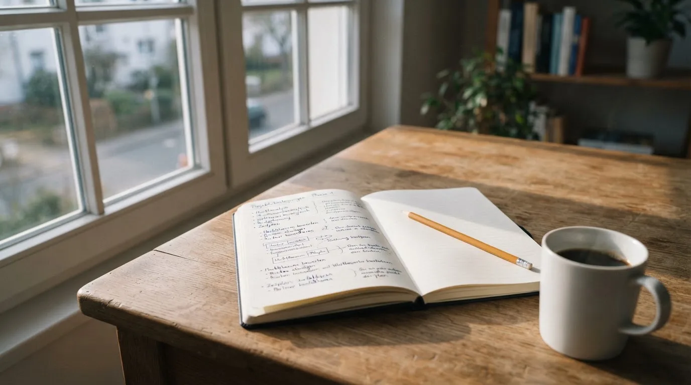 Ein Notizbuch mit handschriftlichen Notizen und ein Bleistift liegen auf einem Schreibtisch am Fenster, draußen fällt Morgenlicht herein.