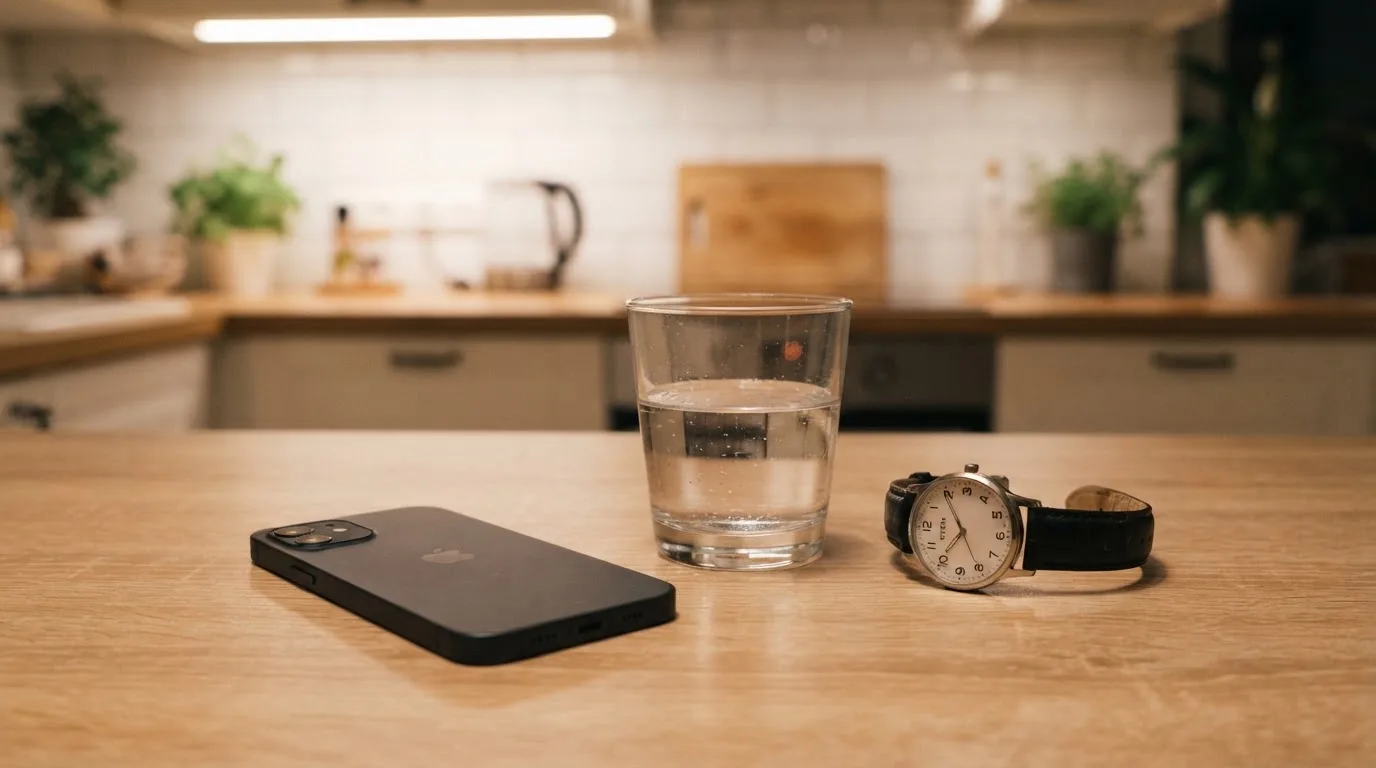 Ein Smartphone liegt mit dem Display nach unten auf einem Küchentisch, daneben stehen ein Glas Wasser und eine Armbanduhr.