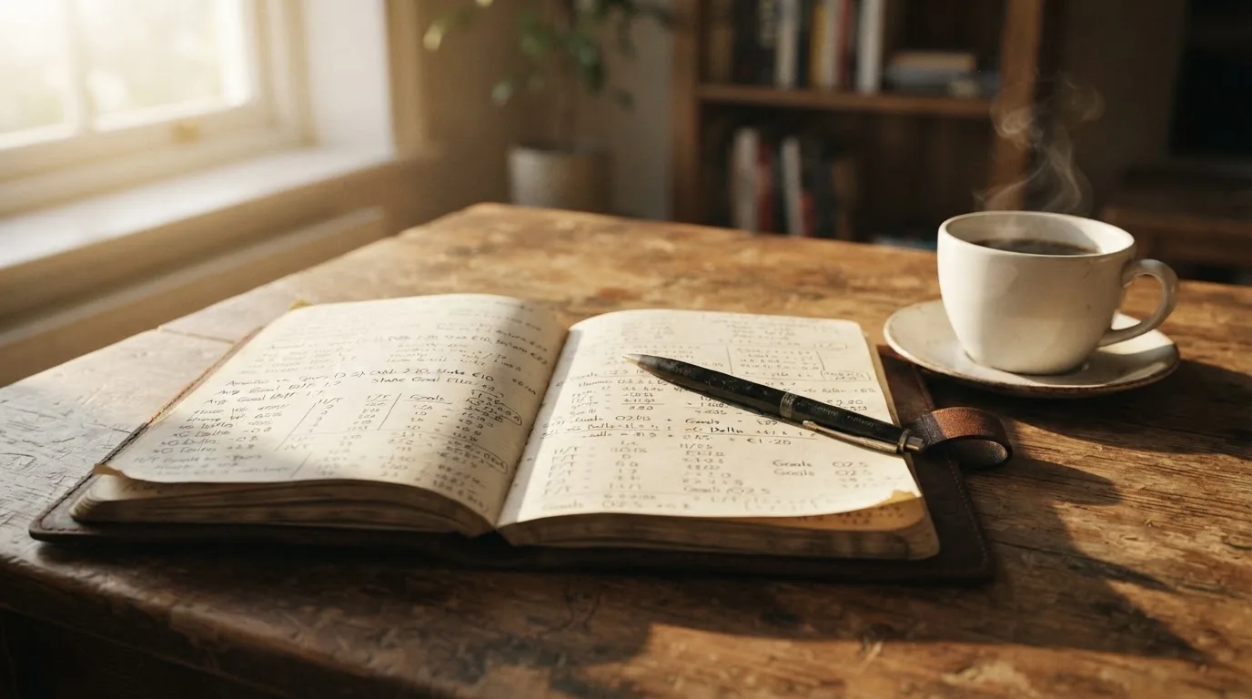 Ein Notizbuch mit handschriftlichen Rechnungen und ein Taschenrechner liegen auf einem Schreibtisch neben einer Tasse Kaffee im Licht des frühen Morgens.