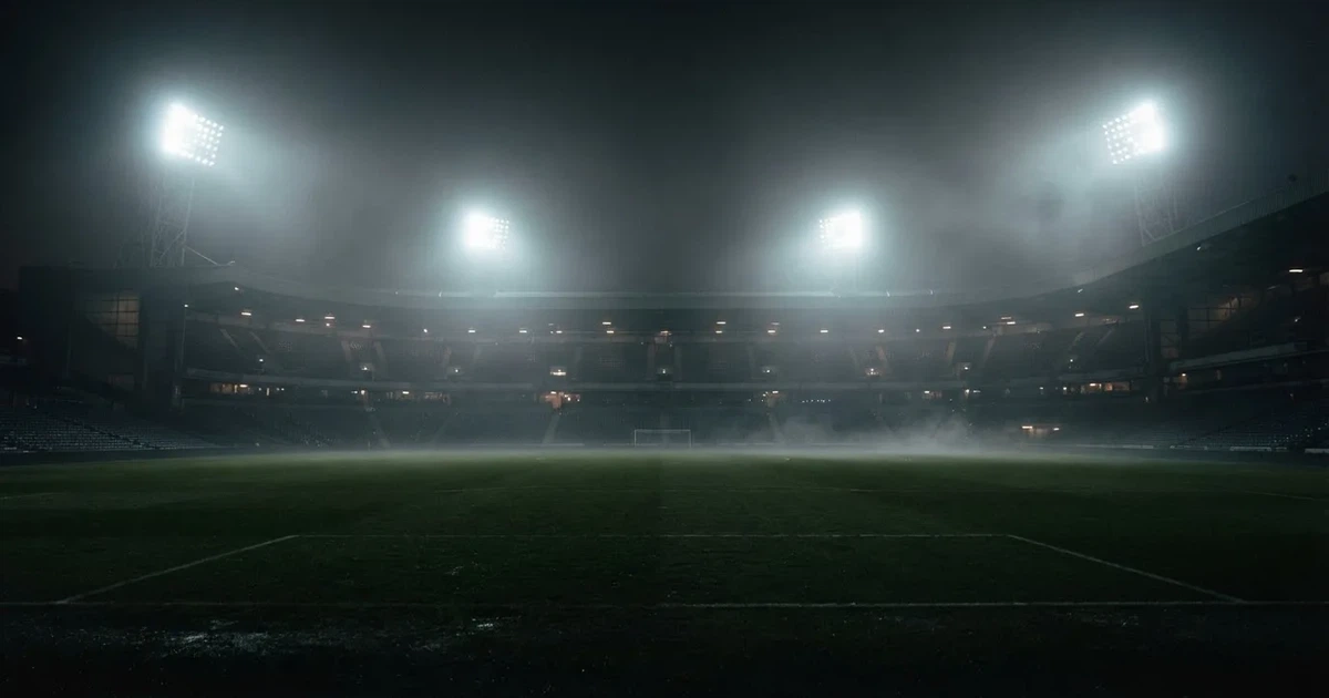 Ein Stadion unter Flutlicht, aus großer Entfernung über eine dunkle Wiese fotografiert, am Himmel zieht Nebel auf.