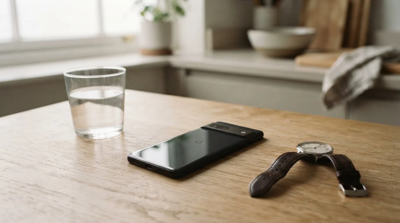 Ein Smartphone liegt mit dem Display nach unten auf einem Küchentisch, daneben stehen ein Glas Wasser und eine Armbanduhr.