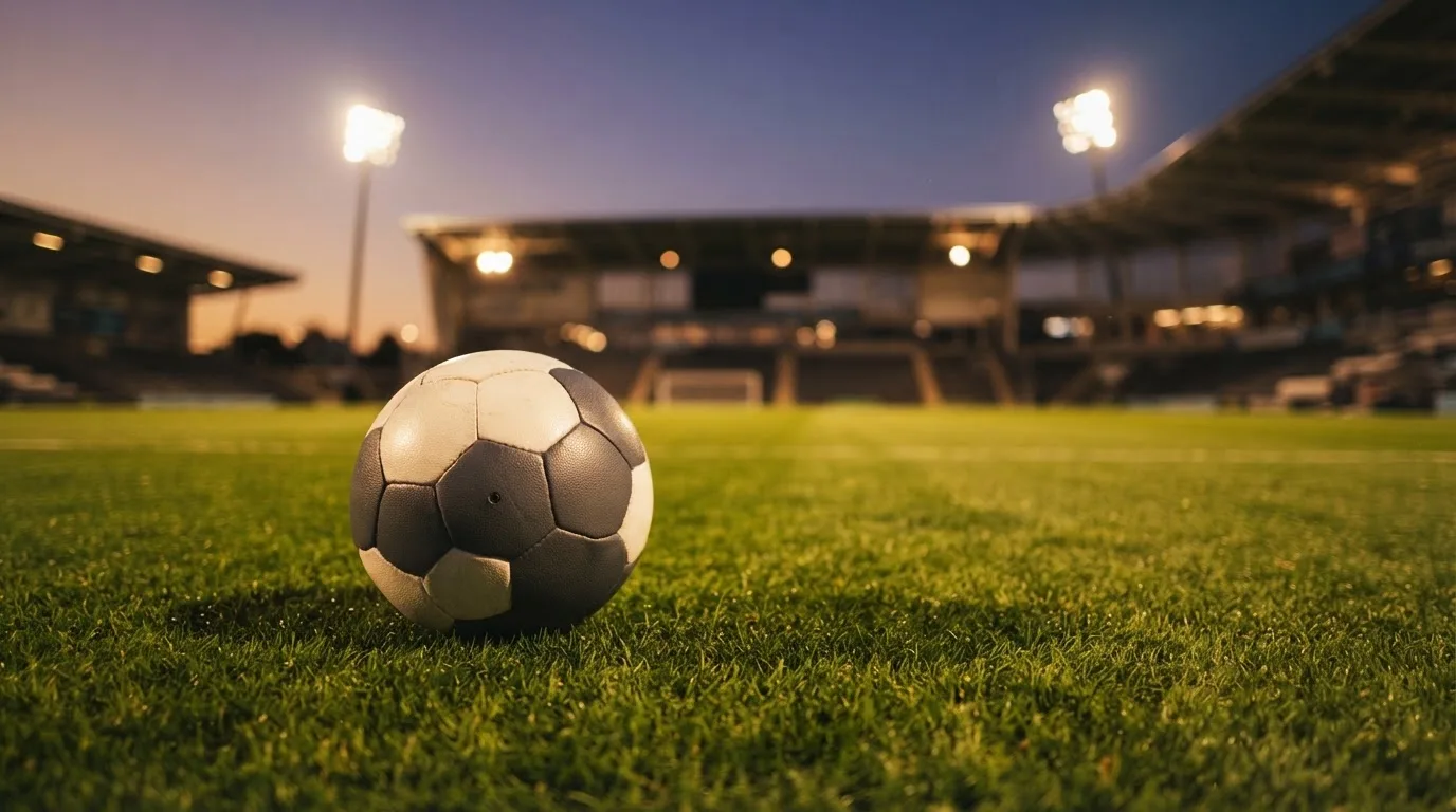 Ein Fußball liegt auf dem Rasen eines leeren Platzes, im Hintergrund ein Stadion unter Flutlicht in der Abenddämmerung.