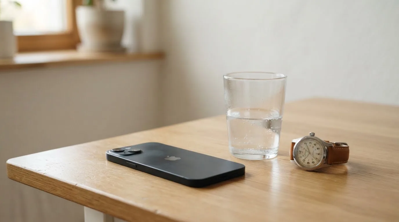 Ein Smartphone liegt mit dem Display nach unten auf einem Küchentisch, daneben stehen ein Glas Wasser und eine Armbanduhr.