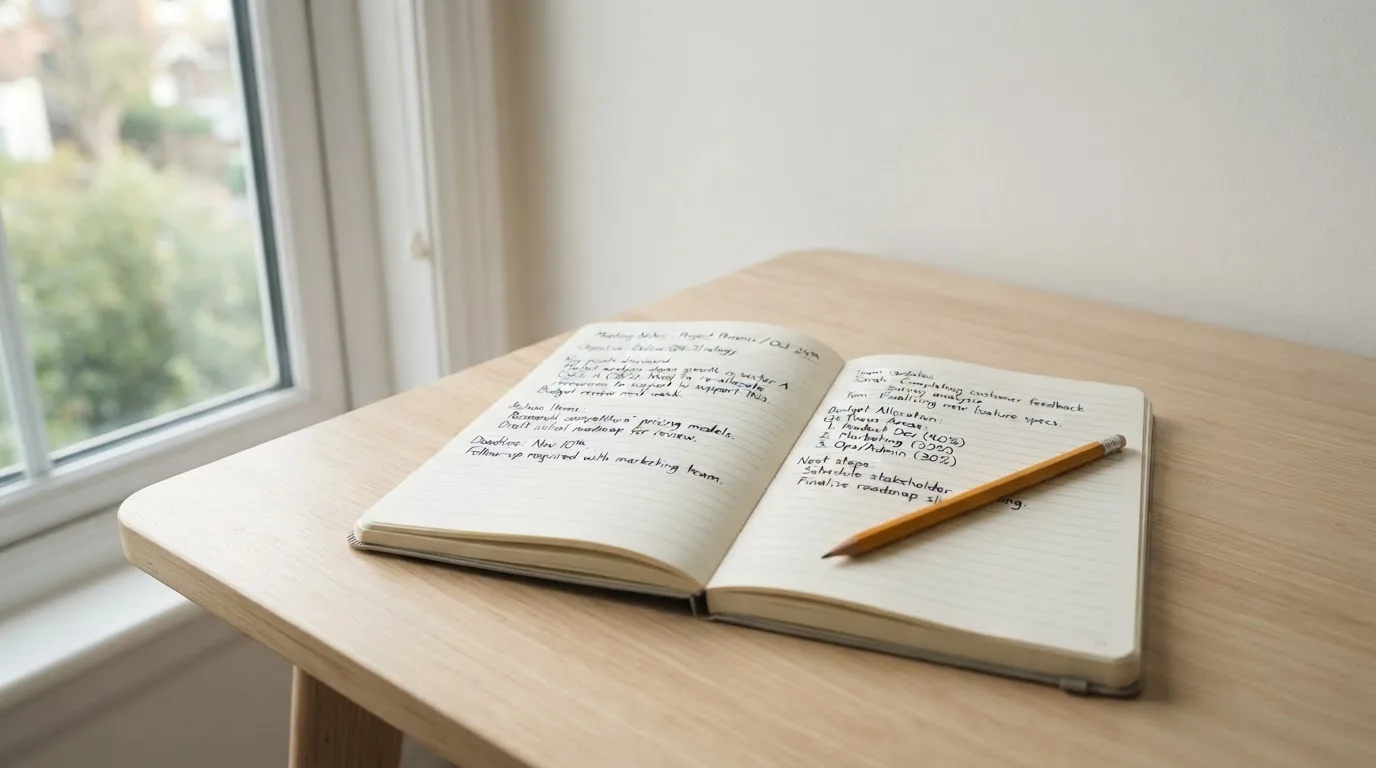 Ein Notizbuch mit handschriftlichen Notizen und ein Bleistift liegen auf einem Schreibtisch am Fenster, draußen fällt Morgenlicht herein.