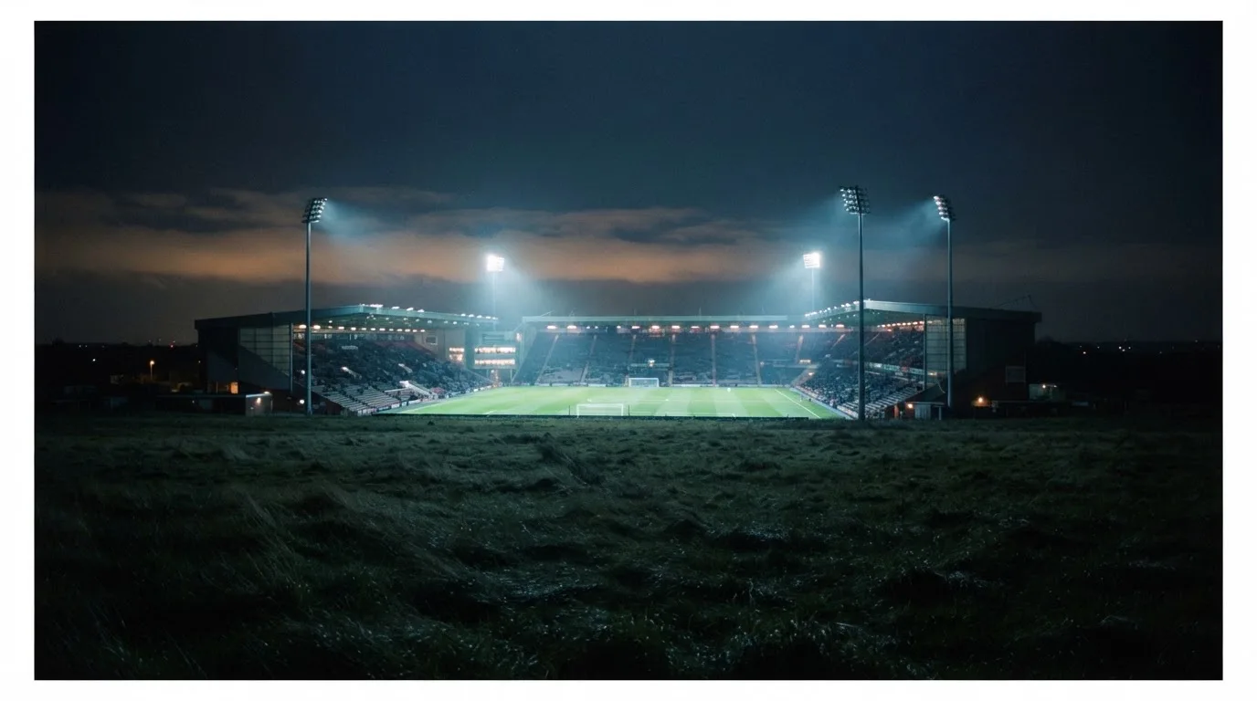 Ein Stadion unter Flutlicht, aus großer Entfernung über eine dunkle Wiese fotografiert, am Himmel zieht Nebel auf.