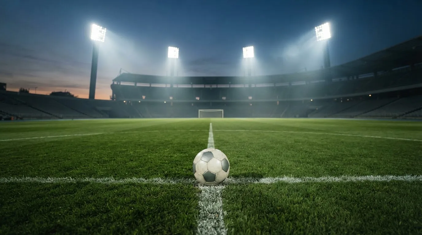 Ein Fußball liegt auf dem Anstoßpunkt eines leeren Rasenplatzes, im Hintergrund steht ein Stadion unter Flutlicht in der Dämmerung.