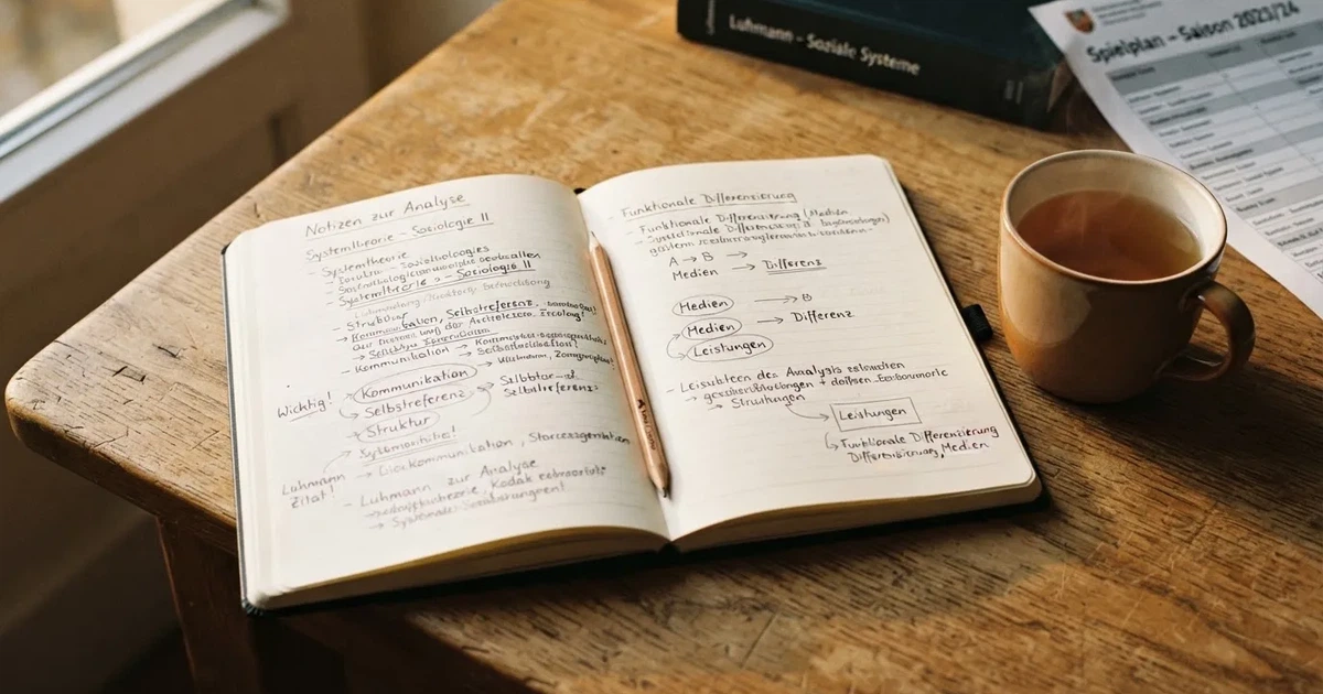 Ein Notizbuch mit handschriftlichen Notizen und Pfeilen liegt aufgeschlagen auf einem Schreibtisch, daneben ein Bleistift und eine Tasse Tee.