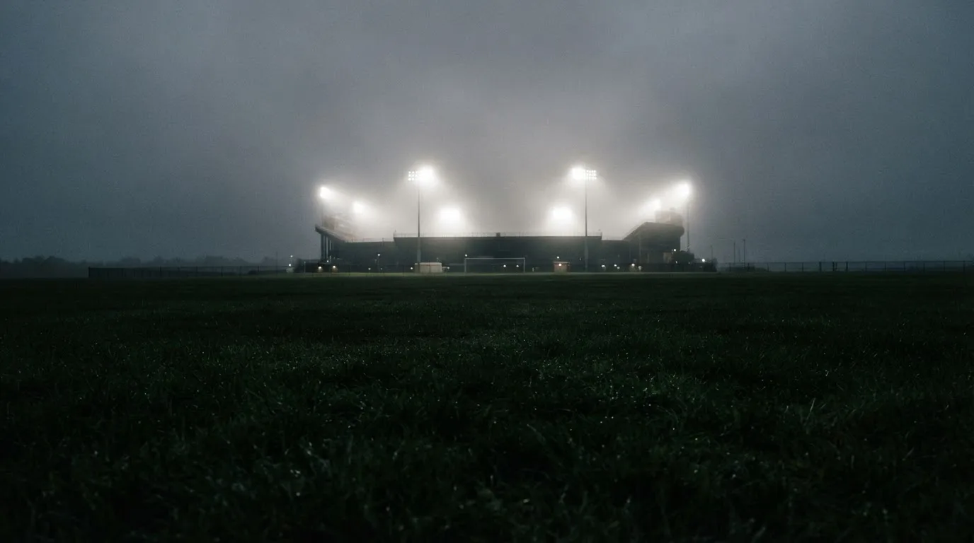 Ein Stadion unter Flutlicht, aus großer Entfernung über eine dunkle Wiese fotografiert, am Himmel zieht Nebel auf.