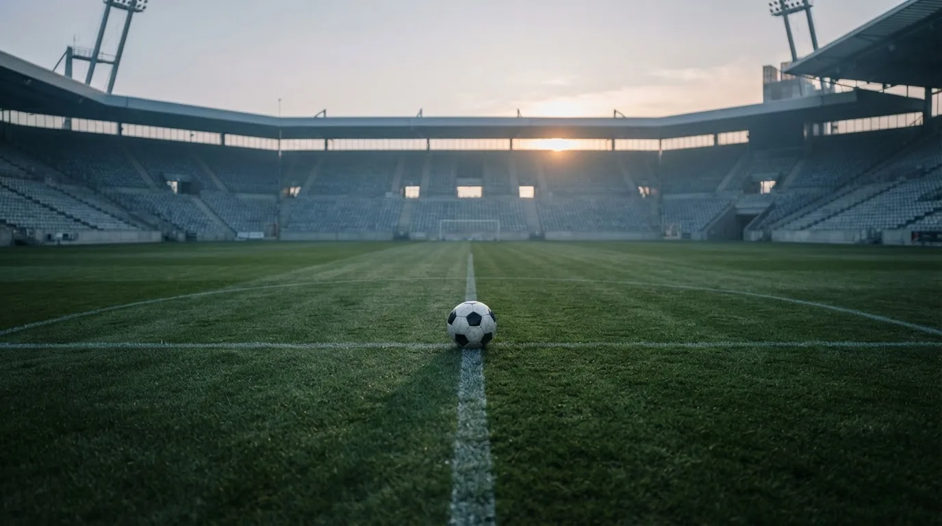 Ein Fußball liegt auf dem Anstoßpunkt eines leeren Rasenplatzes in der Morgendämmerung, im Hintergrund eine leere Tribüne.