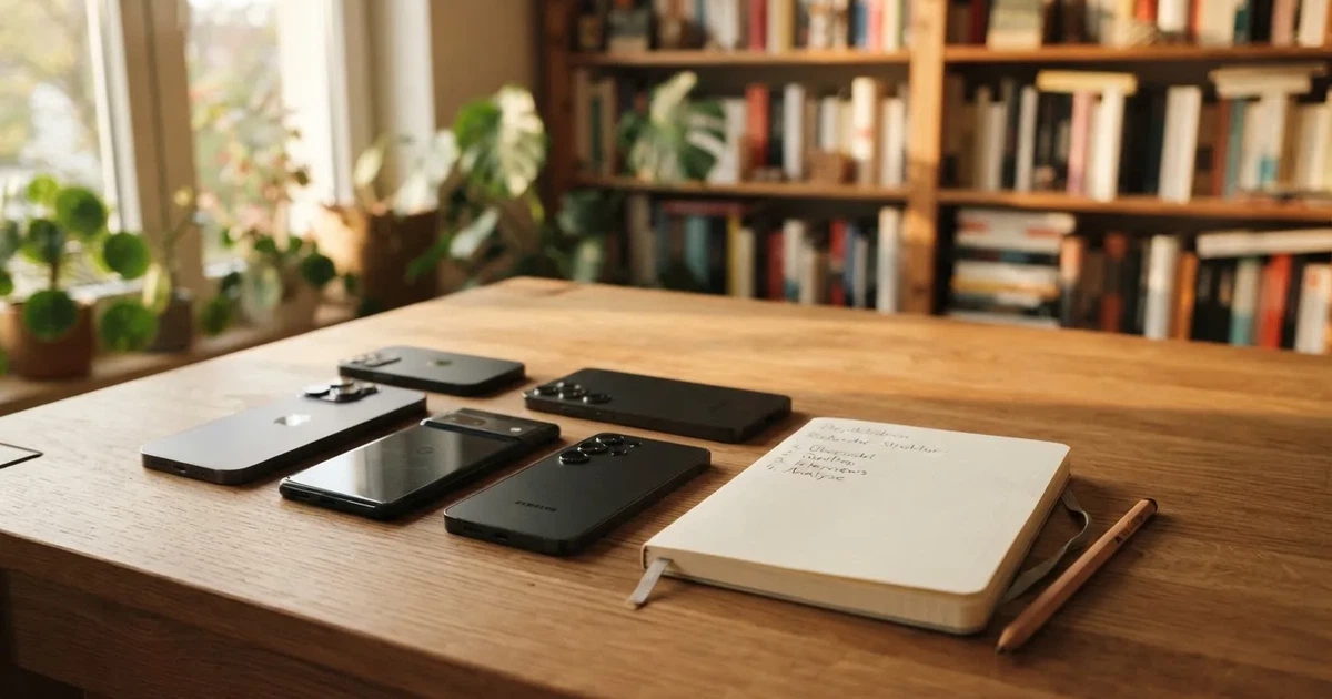 Mehrere Smartphones liegen mit dem Display nach unten neben einem Notizblock und einem Bleistift auf einem hellen Holztisch, seitliches Morgenlicht.